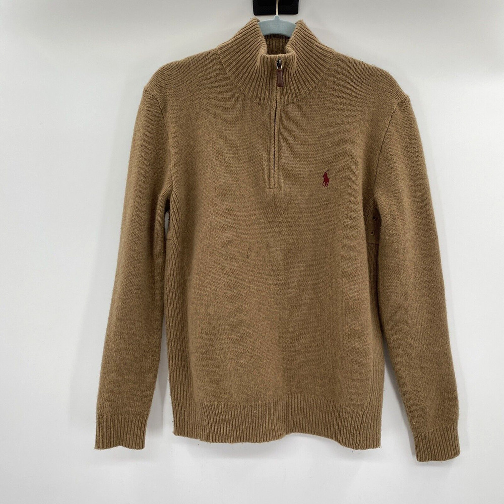 Polo Ralph Lauren 100% Lambswool 1/4 Zip Sweater Size Small Brown Stain